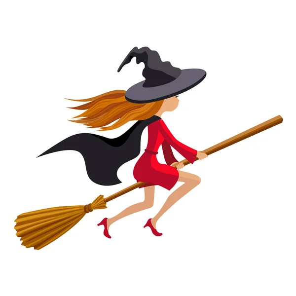 Cute redhead witch flying on a broom vector illustration isolated white background — Stock Vector