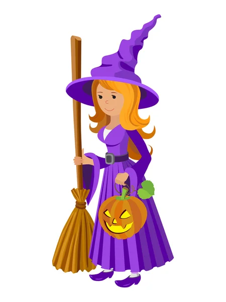 Vector cartoon image of funny witch with red hair purple dress standing  broom and pumpkin on white background. Halloween. illustration. — Stock Vector