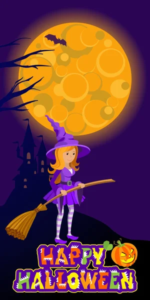 Ilustración de Halloween de misterioso paisaje nocturno con castillo de luna y bruja. Plantilla para tu diseño. Dibujo vectorial . — Vector de stock