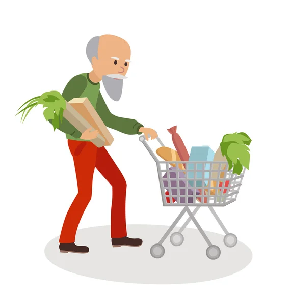 Senior man met winkelwagen vol voedsel. Grootvader op markt vector illustratie geïsoleerd witte achtergrond. — Stockvector