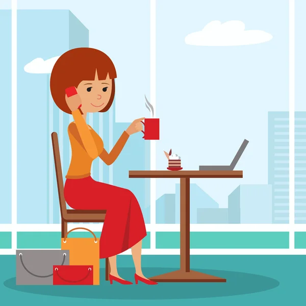 Векторная иллюстрация шаблона для меню, брошюры, флаеров молодая девушка в кафе пьет кофе разговаривая мобильный телефон и ноутбук . — стоковый вектор