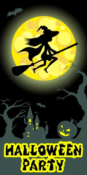 Halloween ilustración de misterioso paisaje nocturno con mosca bruja en el castillo escoba y la luna. Dibujo vectorial . — Vector de stock