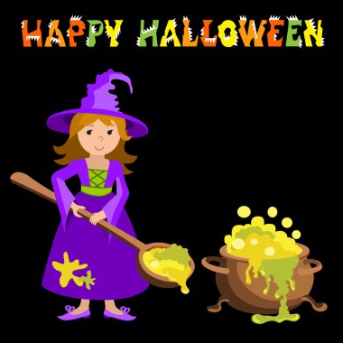 Kızıl saçlı mor elbise ve siyah arka plan üzerine bir büyük kazan iksir yanında duran sivri şapka ile komik cadı vektör çizgi film görüntüsü. Cadılar Bayramı. illüstrasyon.