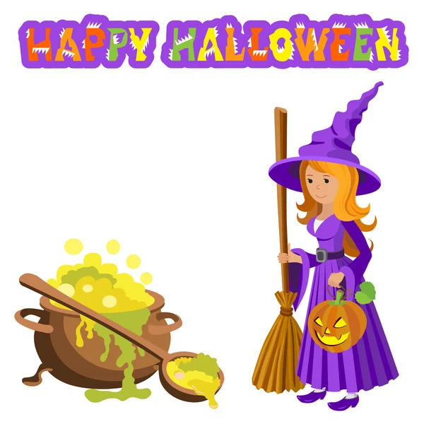 Gambar kartun vektor penyihir lucu dengan gaun ungu rambut merah dan topi runcing, berdiri di samping ramuan kuali besar pada latar belakang putih. Halloween. ilustrasi . - Stok Vektor