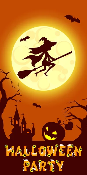 Halloween ilustración de misterioso paisaje nocturno con mosca bruja en el castillo escoba y la luna. Plantilla para tu diseño. Dibujo vectorial . — Vector de stock