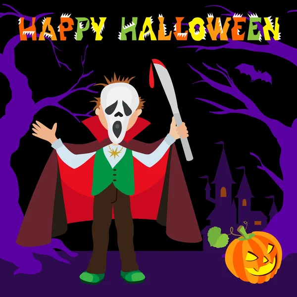 Lustige Cartoon kleine Dracula, Junge trägt Halloween-Kostüm, mit Schriftzug Bäume Kürbis Vektor Illustration — Stockvektor
