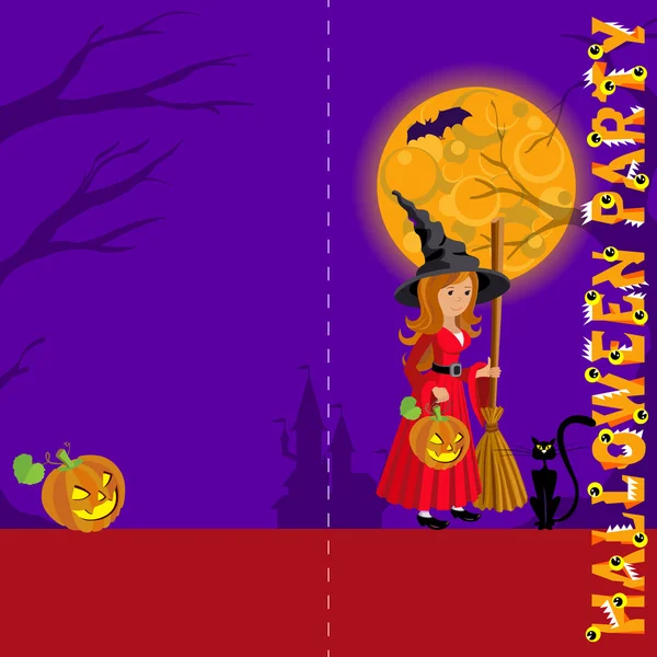 Fondo para el saludo con el que en rojo, castillo, murciélago, calabaza y el concepto de vector de Halloween texto colocar su   . — Vector de stock