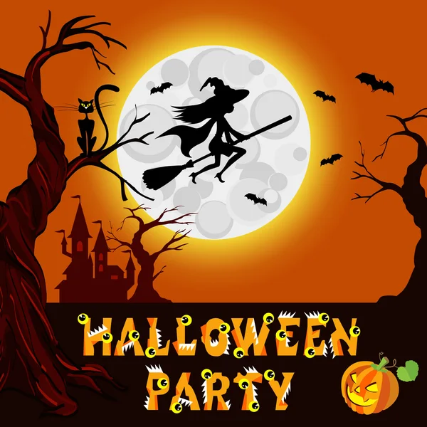 Halloween ilustración de misterioso paisaje nocturno con mosca bruja en el castillo escoba y la luna. Dibujo vectorial . — Vector de stock