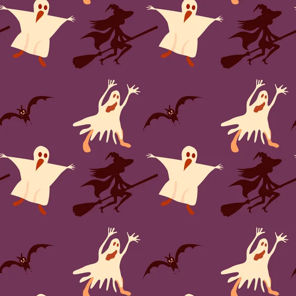 Halloween seamless pattern. Bat witch on broom silhouette ghost. Vector background vintage color. — ストックベクタ