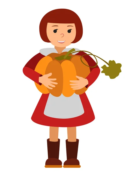 Ilustración vectorial linda niña sosteniendo una calabaza grande aislada sobre fondo blanco para celebraciones del Día de Acción de Gracias Feliz . — Archivo Imágenes Vectoriales