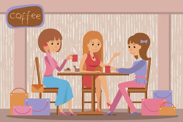 Tres hermosas mujeres hablando en la cafetería mientras beben — Vector de stock