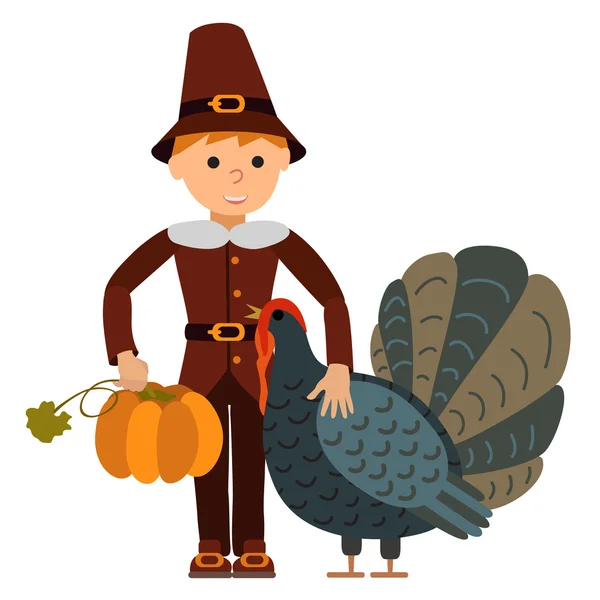 ベクトル イラストかわいい男の子大きな七面鳥やかぼちゃ幸せな感謝祭の日のお祝いのための白い背景に分離. — ストックベクタ