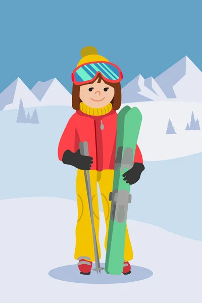 Ilustracja wektorowa Płaska konstrukcja młoda kobieta z góry przez narciarskiego wyposażone. Uśmiechnięta dziewczyna szczęśliwy narciarz. W tym kask, Okulary, rękawice, kapelusz, buty, kijki. — Wektor stockowy