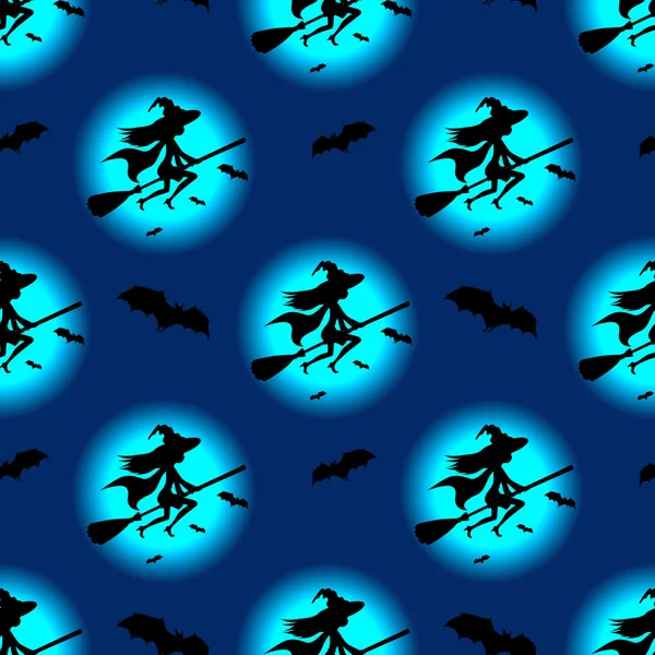 Patrón inconsútil sombrero de silueta de bruja volando en la escoba. Decoración vectorial de halloween, tarjeta de invitación nocturna walpurgis, papel de envolver, tela . — Vector de stock