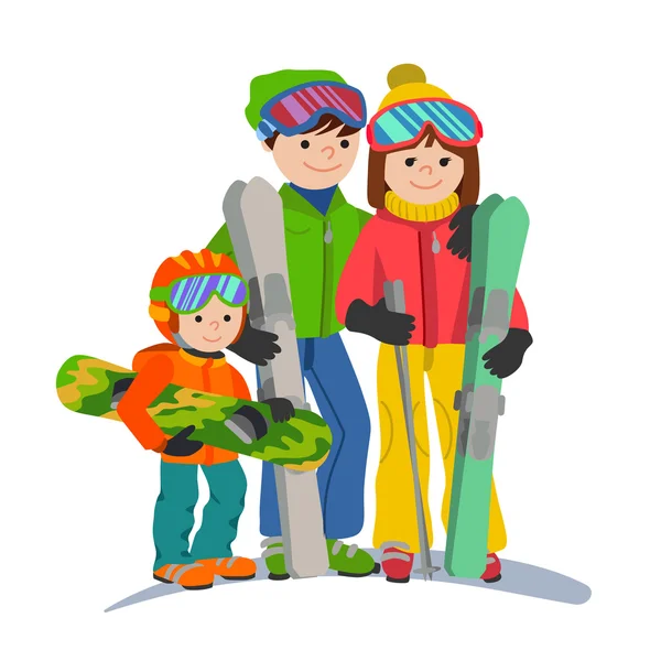 Familienskiurlaub in den Bergen. Illustration Paar Eltern und Kind Wintersport isoliert weißen Hintergrund flachen Stil. — Stockvektor