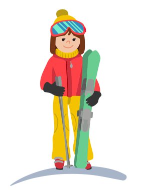 Düz tasarım vektör çizim tarafından donatılmış kayak dağ gelen genç kadın. Gülümseyen mutlu kayakçı kız. Kask, gözlük, eldiven, şapka, bot, Polonyalılar dahil olmak üzere.
