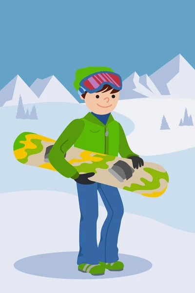 Улыбающийся сноубордист в зимней лыжной спортивной одежде, шлеме и очках стоит со сноубордом в руке. Векторная иллюстрация — стоковый вектор