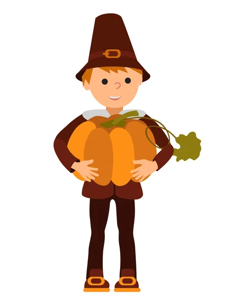 Vector illustration cute little boy holding a big pumpkin isolated on white background for Happy Thanksgiving Day celebrations. — Stock Vector