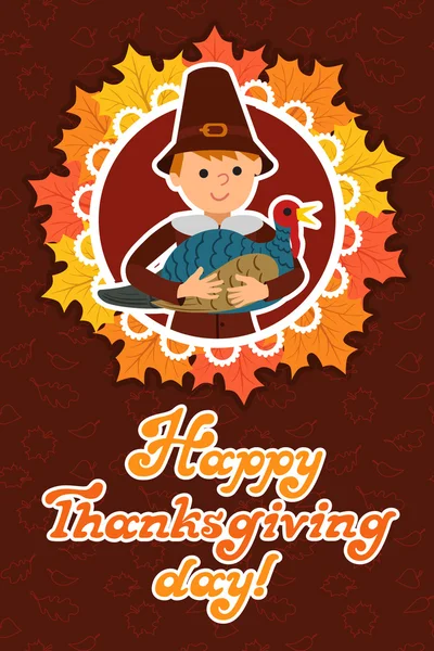 Szczęśliwy dzień Dziękczynienia, karty z dzieckiem liści i napis gratulacje. Wektor ilustracja rodzinne wakacje. Chłopiec Turcja. — Wektor stockowy