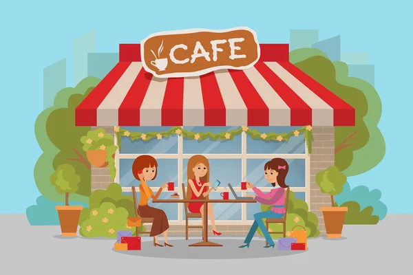 Tres hermosas mujeres que hablan en la cafetería al aire libre mientras beben y utilizan el teléfono portátil. Ilustración vectorial . — Archivo Imágenes Vectoriales