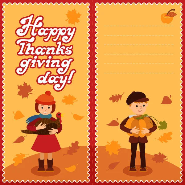 感謝祭の日カードおめでとう子供のカボチャとトルコのベクトル図です。少年少女現代服印刷用テンプレートでは、テキストを配置します。. — ストックベクタ