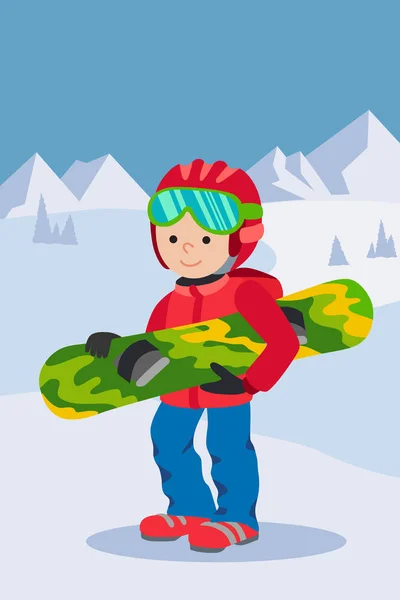 Gyerek gyermek fiú snowboard téli sport kabát kalap ruházati hó vektor grafikus elszigetelt és lapos illusztráció — Stock Vector