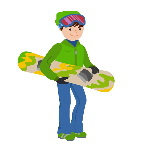 Smiling snowboarder man in winter ski sportswear, helmet and goggles standing with snowboard in hand. Vector illustration of  sport people isolated on white background. — Stock Vector