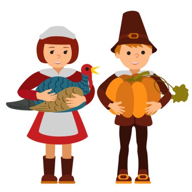 Şükran günü çocuk elma ve Türkiye vektör çizim. Geleneksel giysiler şablon çocuk kız.