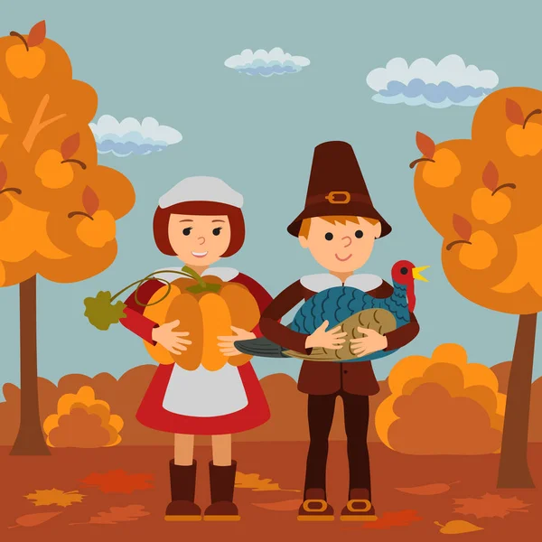 Ημέρα των Ευχαριστιών παιδιά κολοκύθα και Τουρκία διανυσματικά εικονογράφηση. Αγόρι κορίτσι σε παραδοσιακά ρούχα πρότυπο. — Διανυσματικό Αρχείο