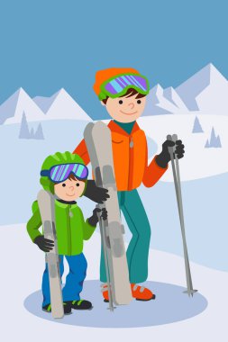 Baba ve oğul kar dağda Kayak. Aile kış spor vektör çizim.