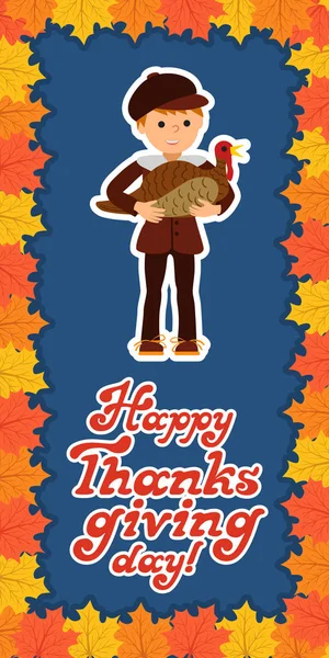 Szczęśliwy dzień Dziękczynienia, karty z dzieckiem liści i napis gratulacje. Wektor ilustracja rodzinne wakacje. Chłopiec Turcja. — Wektor stockowy