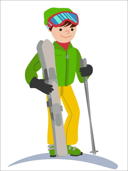 Płaska konstrukcja wektor ilustracja młody człowiek z góry przez narciarskiego wyposażone. Uśmiechający się zadowolony narciarz z. W tym kask, Okulary, rękawice, kapelusz, buty, kijki. — Wektor stockowy
