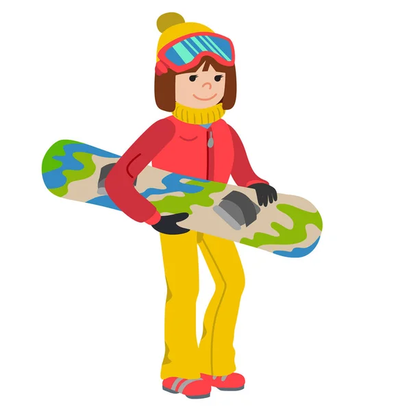 Flat design vector illustration of young woman from the mountain by snowboarding equipped. Smiling happy skier girl. Including helmet, glasses, gloves, hat, boots. — Stock Vector