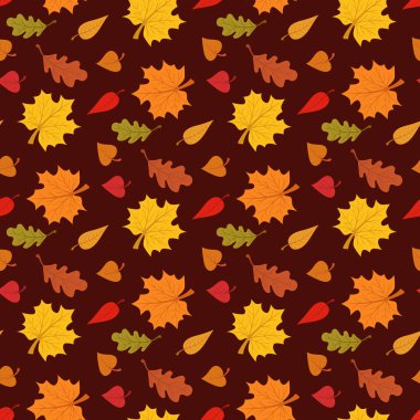 Sonbahar sezonu seamless modeli ile kahverengi zemin vektör çizim üzerinde yapraklar
