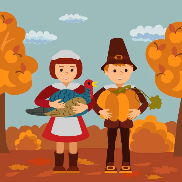 Ημέρα των Ευχαριστιών παιδιά κολοκύθα και Τουρκία Κήπος διανυσματικά εικονογράφηση. Αγόρι κορίτσι σε παραδοσιακά ρούχα πρότυπο. — Διανυσματικό Αρχείο