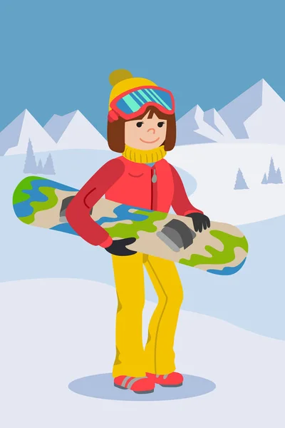 Плоский дизайн векторной иллюстрации молодой женщины с горы на сноуборде оборудован. Улыбающаяся счастливая лыжница. Включая шлем, очки, перчатки, шляпу, сапоги . — стоковый вектор