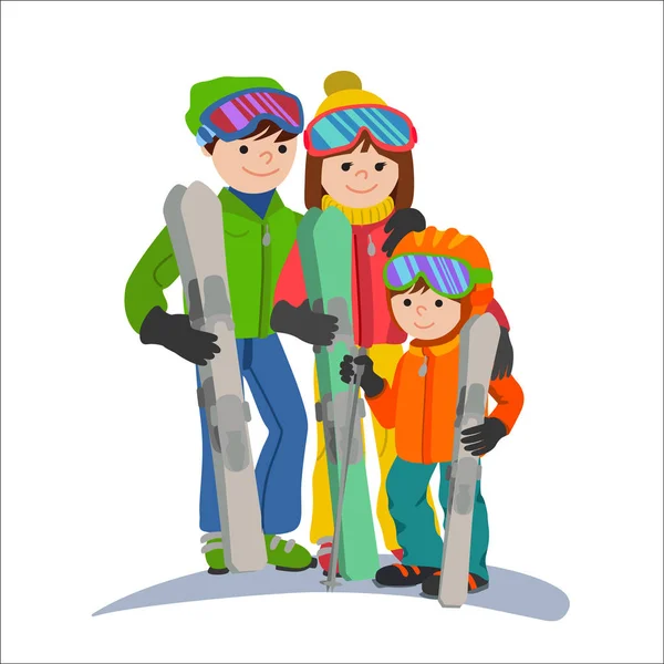 Vacances en famille avec les skieurs en montagne. Illustration couple parents et enfant sports d'hiver isolé fond blanc style plat . — Image vectorielle