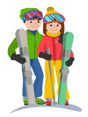 Mutlu çiftimiz gençleri erkek ve kadın komik kayakçı tam büyüme. Beyaz arka plan üzerinde izole bir düz tasarım vektör çizim.