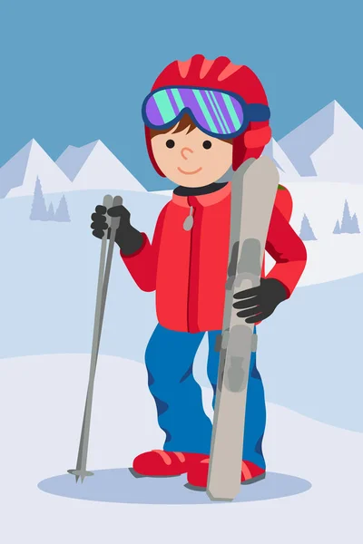 Diseño plano vectorial ilustración de niño pequeño de la montaña por esquí equipado. Sonriendo feliz esquiador con. Incluyendo casco, gafas, guantes, sombrero, botas, bastones . — Vector de stock