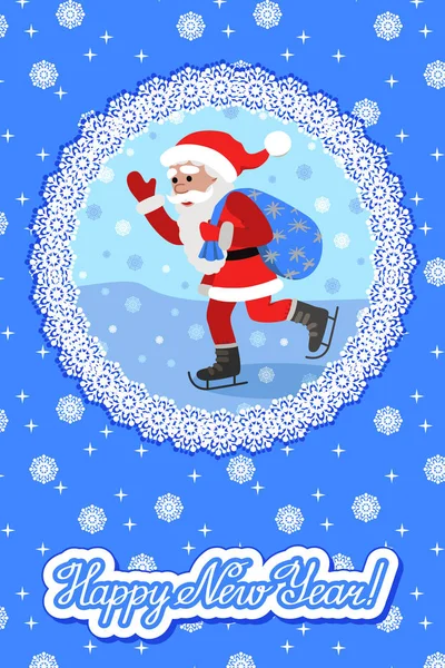 Carte de vœux vectorielle avec lettrage félicitations et style plat Père Noël sur patins à glace . — Image vectorielle