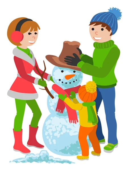 Família feliz esculpe boneco de neve. Feliz Natal! . —  Vetores de Stock