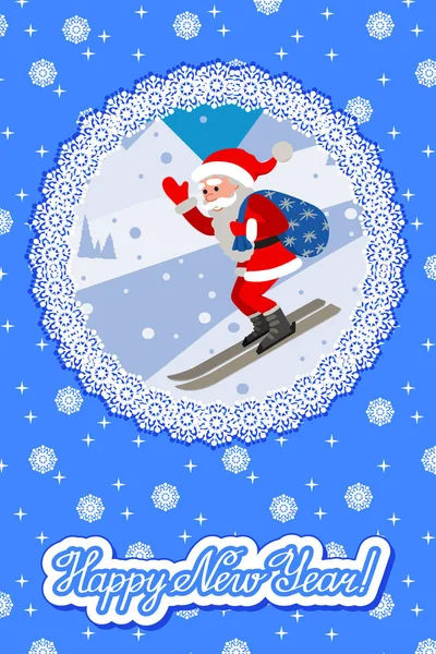 Sciare Babbo Natale illustraton sulla montagna pendio — Vettoriale Stock