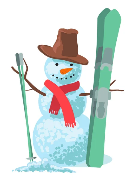 Vetor ilustração esporte de inverno. Boneco de neve com esqui isolado no fundo branco . —  Vetores de Stock