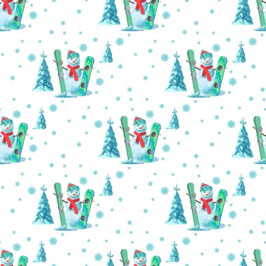 Sonsuz desen Noel tema. Ağaçlar, beyaz arka plan üzerinde vektör sorunsuz çizim bir kardan adam, Kayak kıyafeti kar ile kaplı.