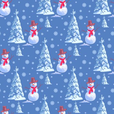 Seamless background on New Year s theme. A lot of snowmen and christmas tree blue. clipart