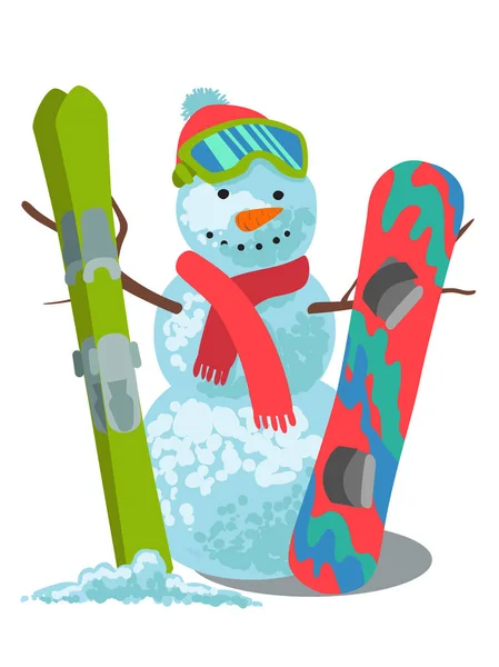 Vektor Illustration Wintersport. Schneemann mit Ski und Snowboard isoliert auf weißem Hintergrund. — Stockvektor