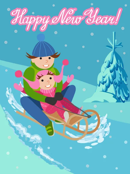 Vektoros illusztráció a kártya szerencsekívánat újév apa és fia, a szánkó a téli sportok. — Stock Vector