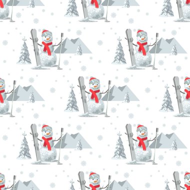 Sonsuz desen Noel tema. Vektör sorunsuz çizim bir kardan adam, ağaçlar, beyaz arka plan dağlarda Kayak kıyafeti kar ile kaplı.