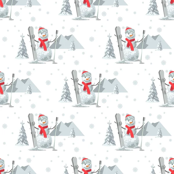 Tema de Natal padrão sem fim. Ilustração sem emenda vetorial de um boneco de neve, equipamento de esqui com árvores cobertas de neve, montanhas no fundo branco . — Vetor de Stock