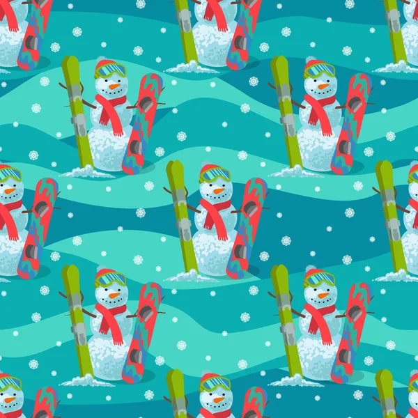 无休止的模式圣诞主题。矢量无缝插画的雪人，滑雪单板滑雪. — 图库矢量图片